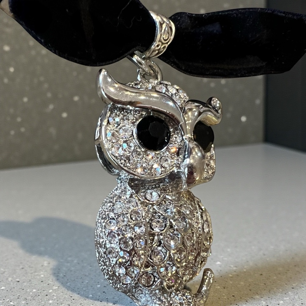Vintage 80’s Rhinestone Owl Pendant Necklace Velvet Choker - Picture 14 of 17